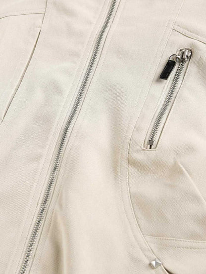 Beige High-Collar Zip-Up Jacket with Functional Pockets - Perfect for Casual and Outdoor Activities 
