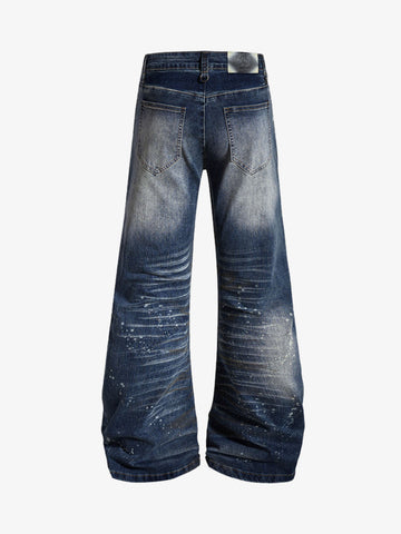 Distressed Washed Paint Splatter Wide Leg Jeans 