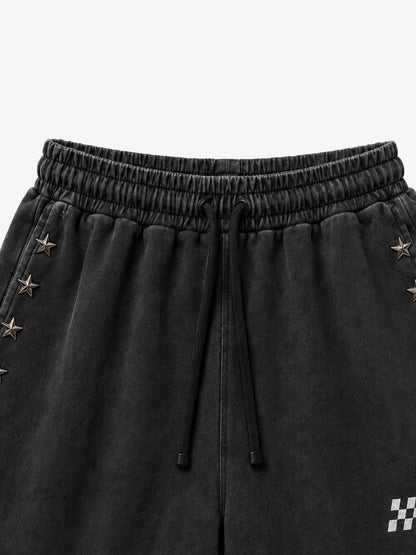 Star Studded Checkerboard Washed Wide-Leg Sweatpants