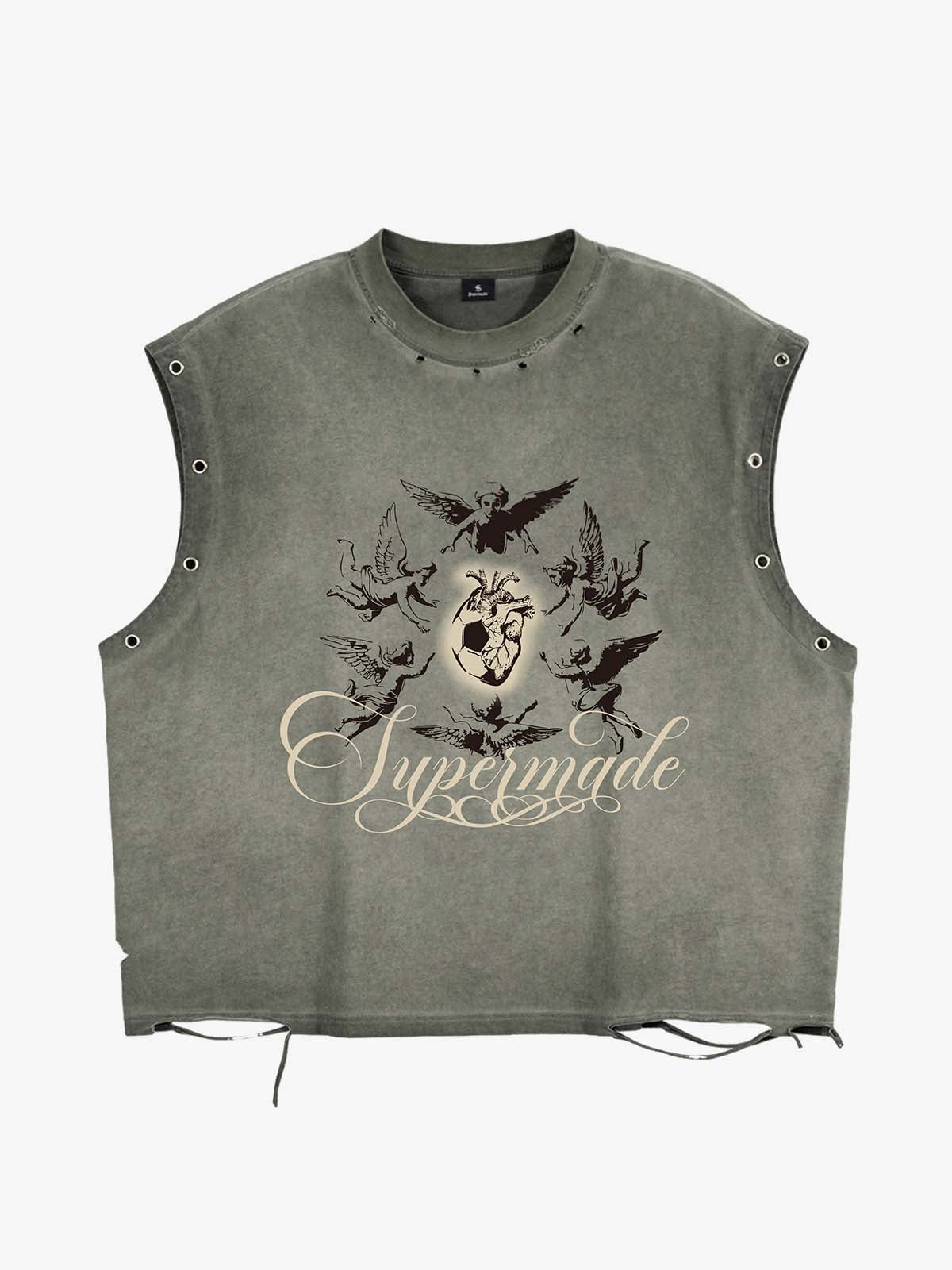 Vest With Distressed Metal Ring Design Featuring A Protective Pattern For The Heart Of The Football 