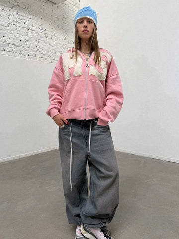Letter Flocked Hooded Cardigan Sweatshirt