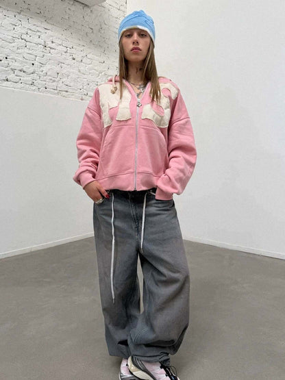 Letter Flocked Hooded Cardigan Sweatshirt