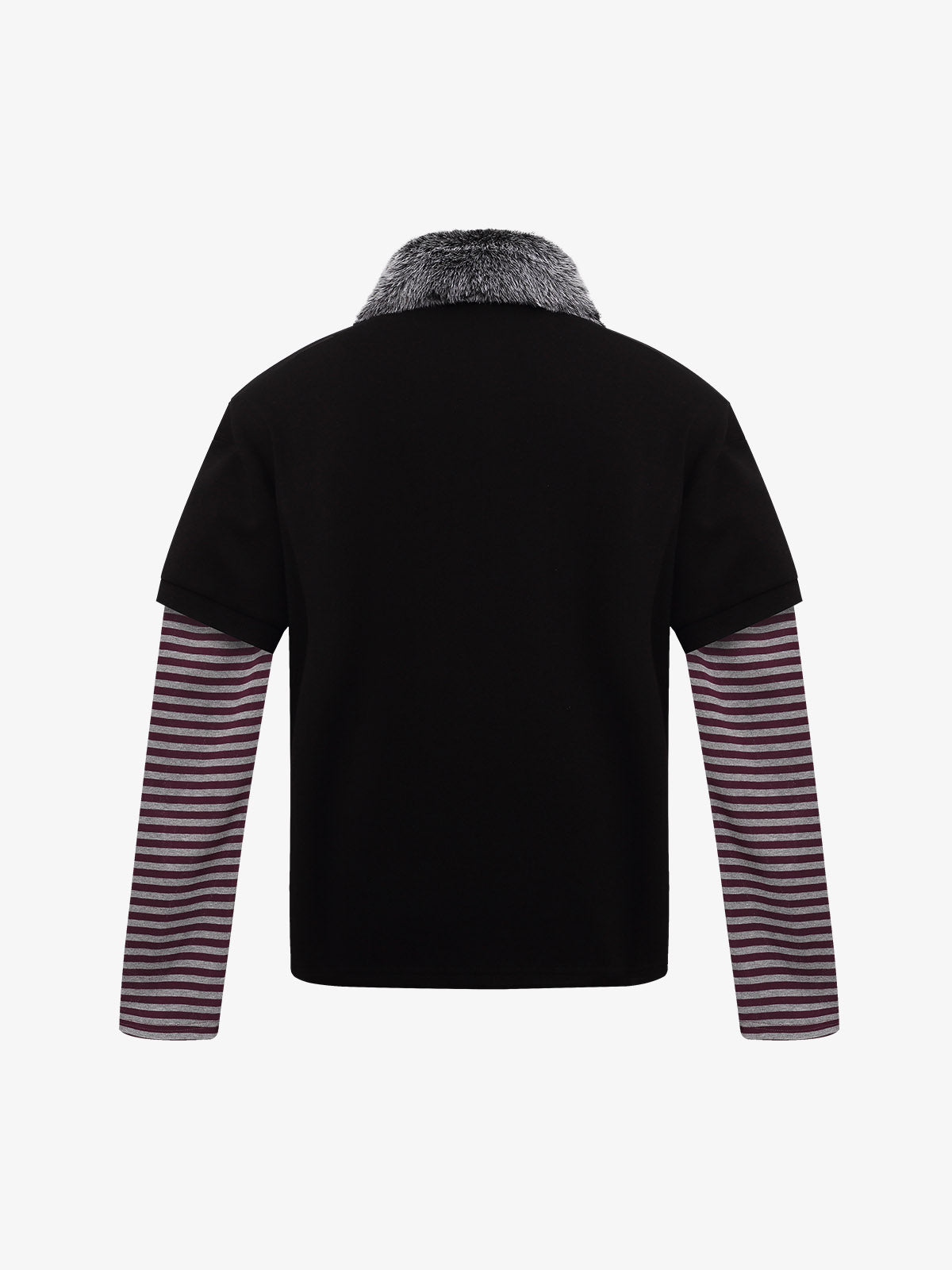 Striped Panel Faux-Fur Collar Long Sleeve Tee