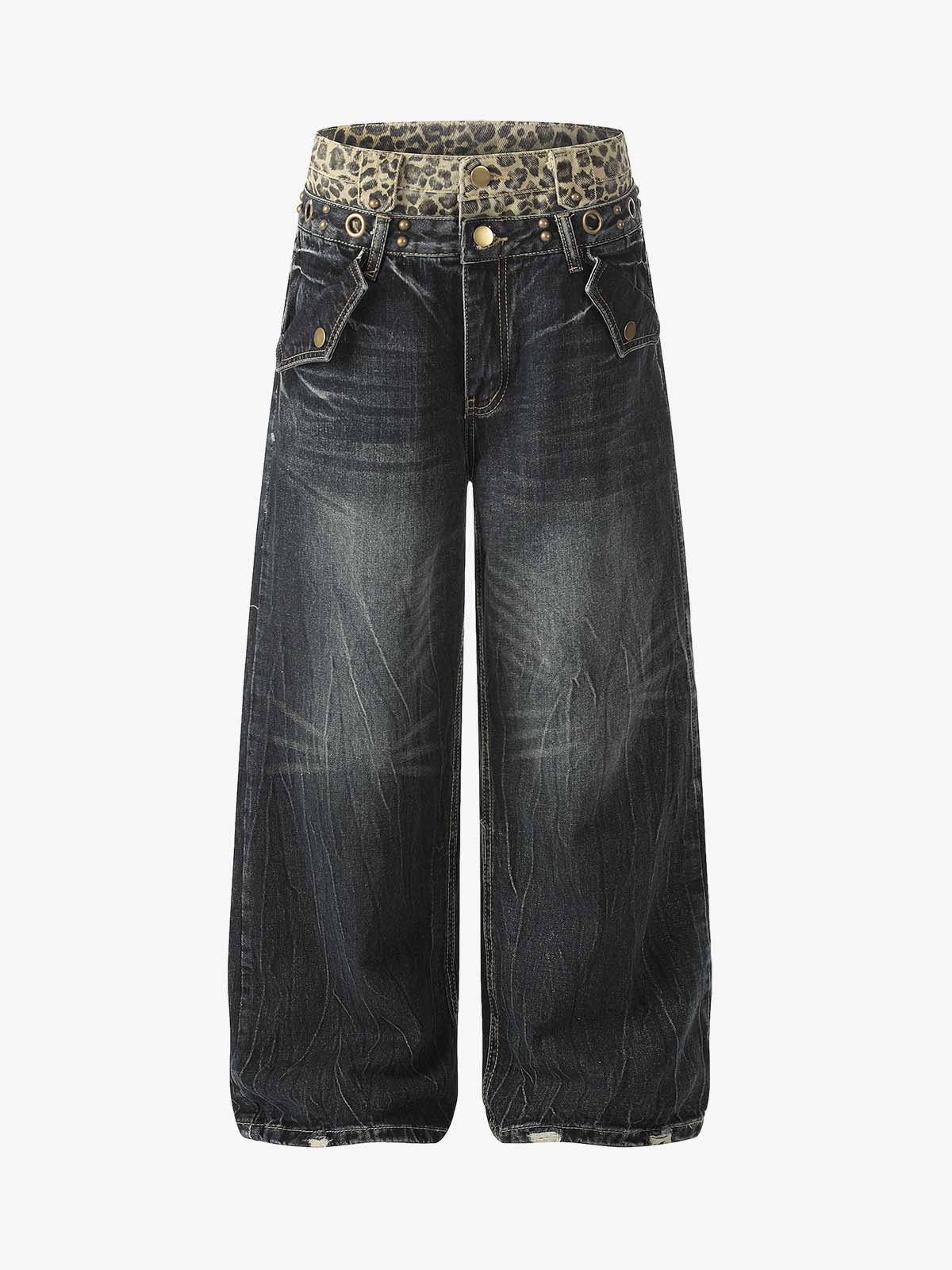 Denim Wide Leg Pants with Leopard Waistband and Gold Hardware 