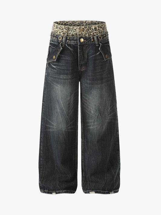 Denim Wide Leg Pants with Leopard Waistband and Gold Hardware 