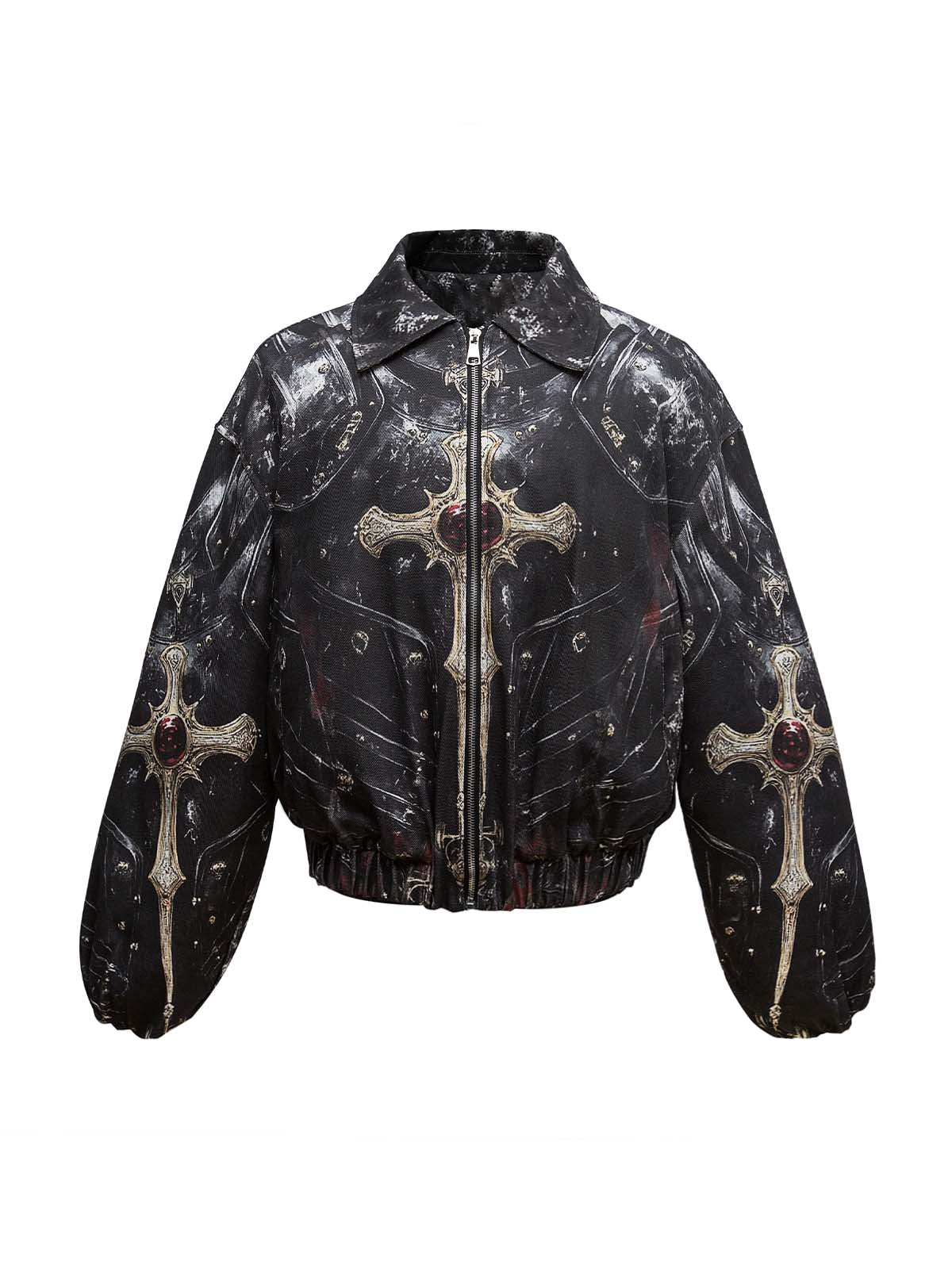 Cross Printed Zip Up Quilted Bomber Jacket 
