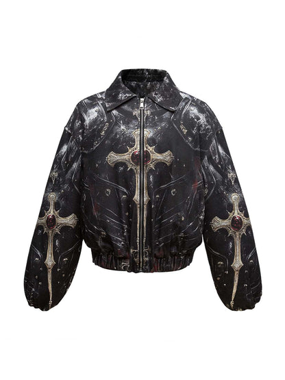 Cross Printed Zip Up Quilted Bomber Jacket 