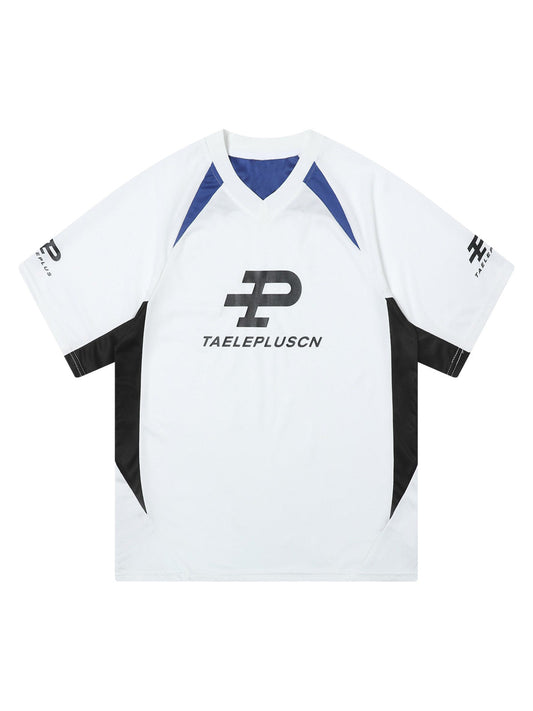 Contrast Color Sporty V-Neck Jersey T-Shirt 