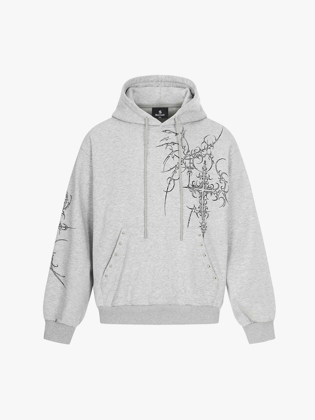 Floral Line Art Studded Pocket Hoodie
