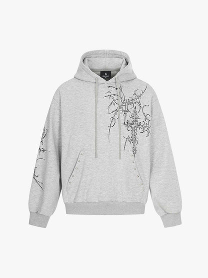 Floral Line Art Studded Pocket Hoodie