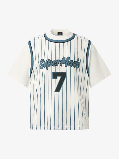 Cotton Pinstripe Baseball Jersey T-Shirt with SuperMade Logo and Number 7 Design 