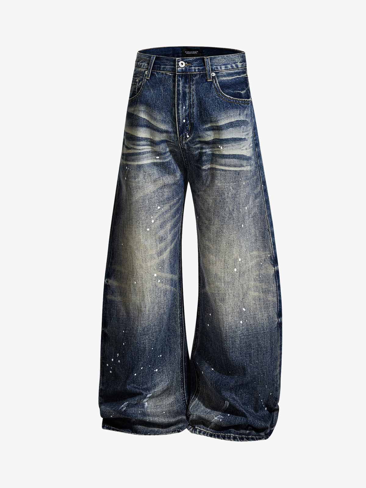 Washed Paint-Splatter Pleated Wide-Leg Barrel Jeans 