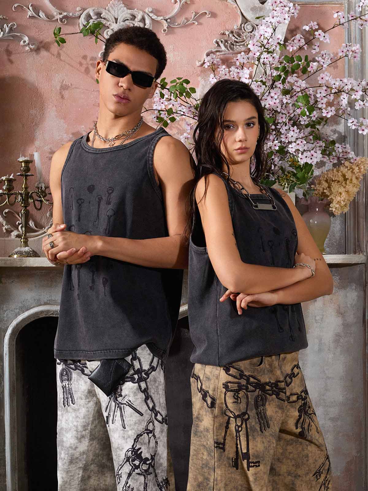 Supermade Distressed Chain And Key Print Baggy Pants 