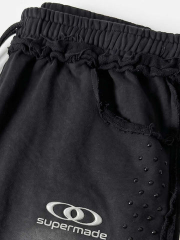 Washed Distressed Rhinestone Trim Sweatpants 