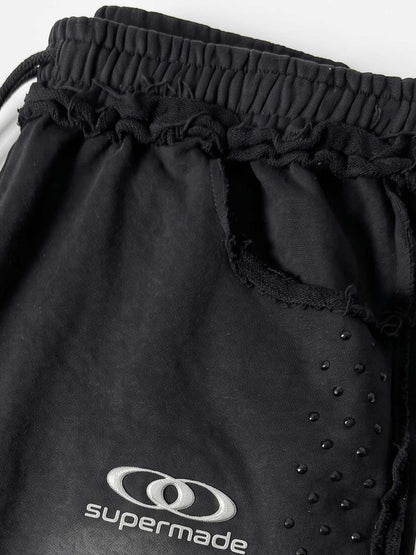 Washed Distressed Rhinestone Trim Sweatpants 