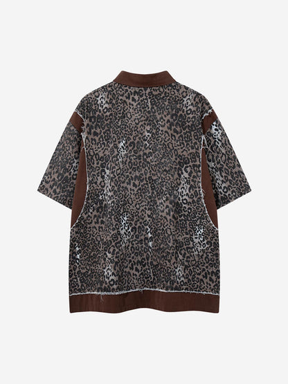 Vintage Leopard Patchwork Distressed Polo Shirt