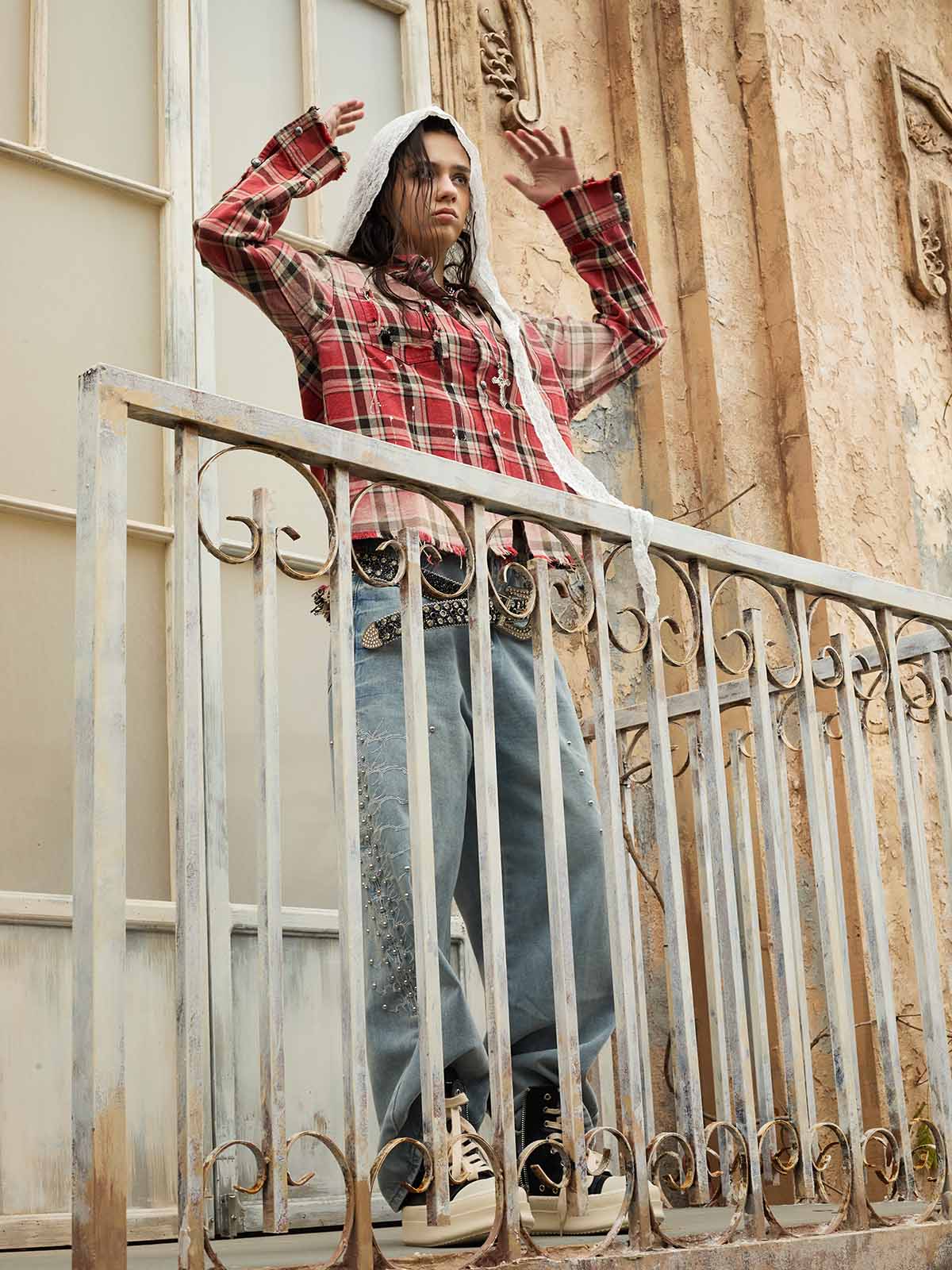 Cotton Plaid Shirt with Paint Splatter Design, Distressed Hem and Pockets, Casual Men's Long Sleeve Button-Up Jacket 