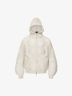 Knit Mesh Studded Boxy Zip-Up Hoodie