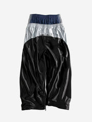Glossy Silver-Grey Patchwork Double-Waist Track Pants