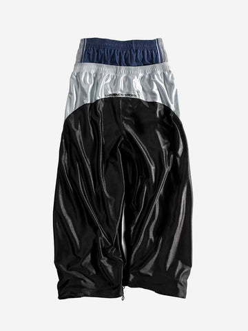 Glossy Silver-Grey Patchwork Double-Waist Track Pants