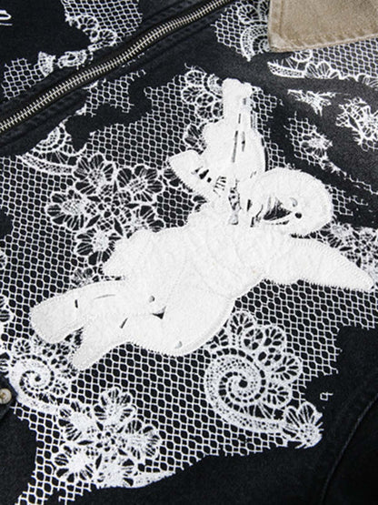 Stylish Embroidered Denim Jacket with Angelic Lace Design 