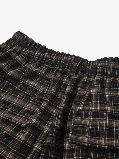 Plaid Cotton Cargo Shorts for Men - Oversized Fit with Multiple Pockets and Elastic Waistband 
