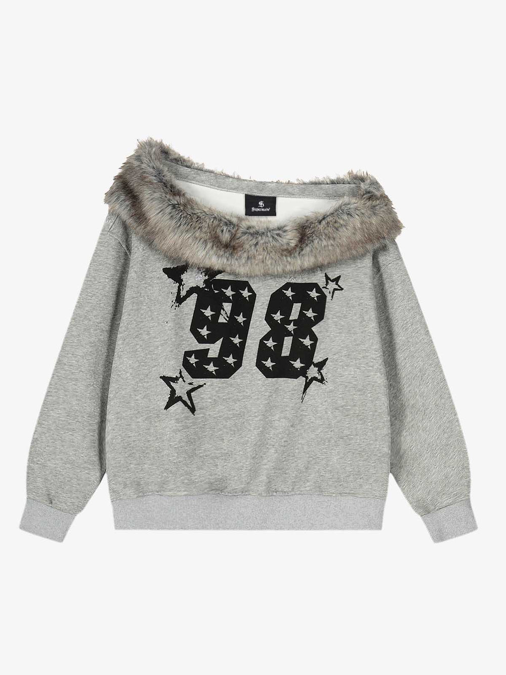 Off-Shoulder Fur Collar '98' Graphic Sweatshirt