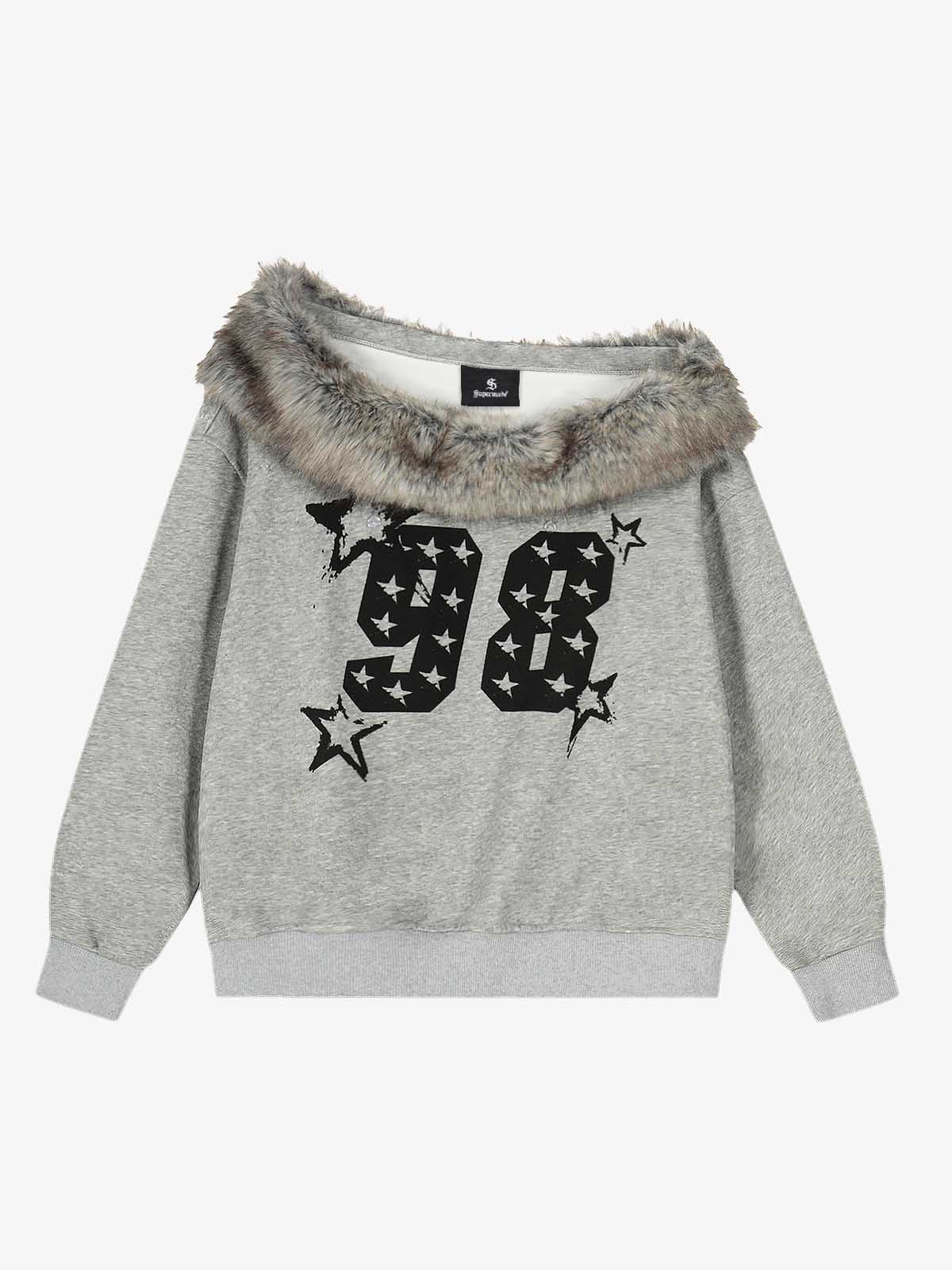 Off-Shoulder-Sweatshirt mit Pelzkragen und Grafikprint '98