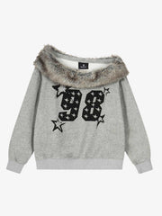Off-Shoulder-Sweatshirt mit Pelzkragen und Grafikprint '98