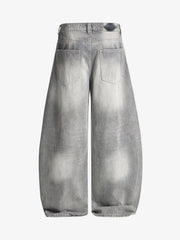 Retro Washed Distressed Curved Blade Wide-Leg Jeans 
