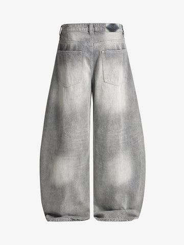 Retro Washed Distressed Curved Blade Wide-Leg Jeans 