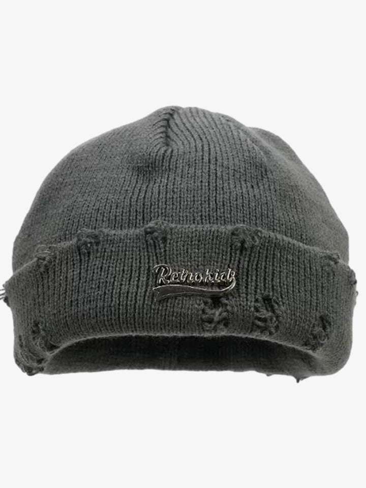 Ripped Metal Letter Knit Beanie