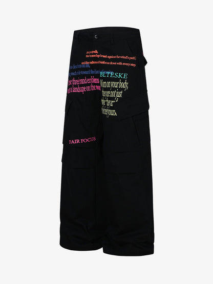 Stylish Wide-Leg Trousers with Embroidered Text and Multi-Pockets for Modern Fashionistas 