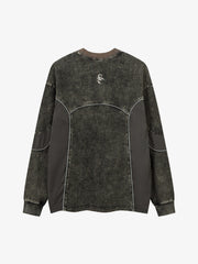 Embroidered Patchwork Distressed Washed Long Sleeve Tee