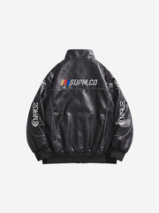 Asymmetric Racing Graphic Color Block Faux Leather Jacket