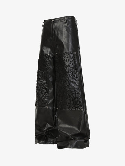 Faux Leather Wide Leg Pants with Spiderweb Embossed Pockets - Edgy Fashion Statement 