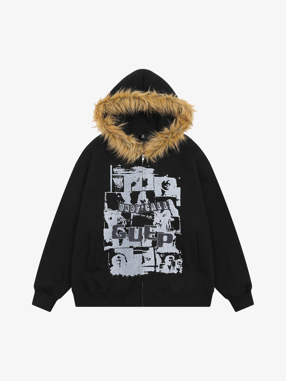 Stylish Hooded Jacket with Faux Fur Trim and Graphic Print for Casual Wear 