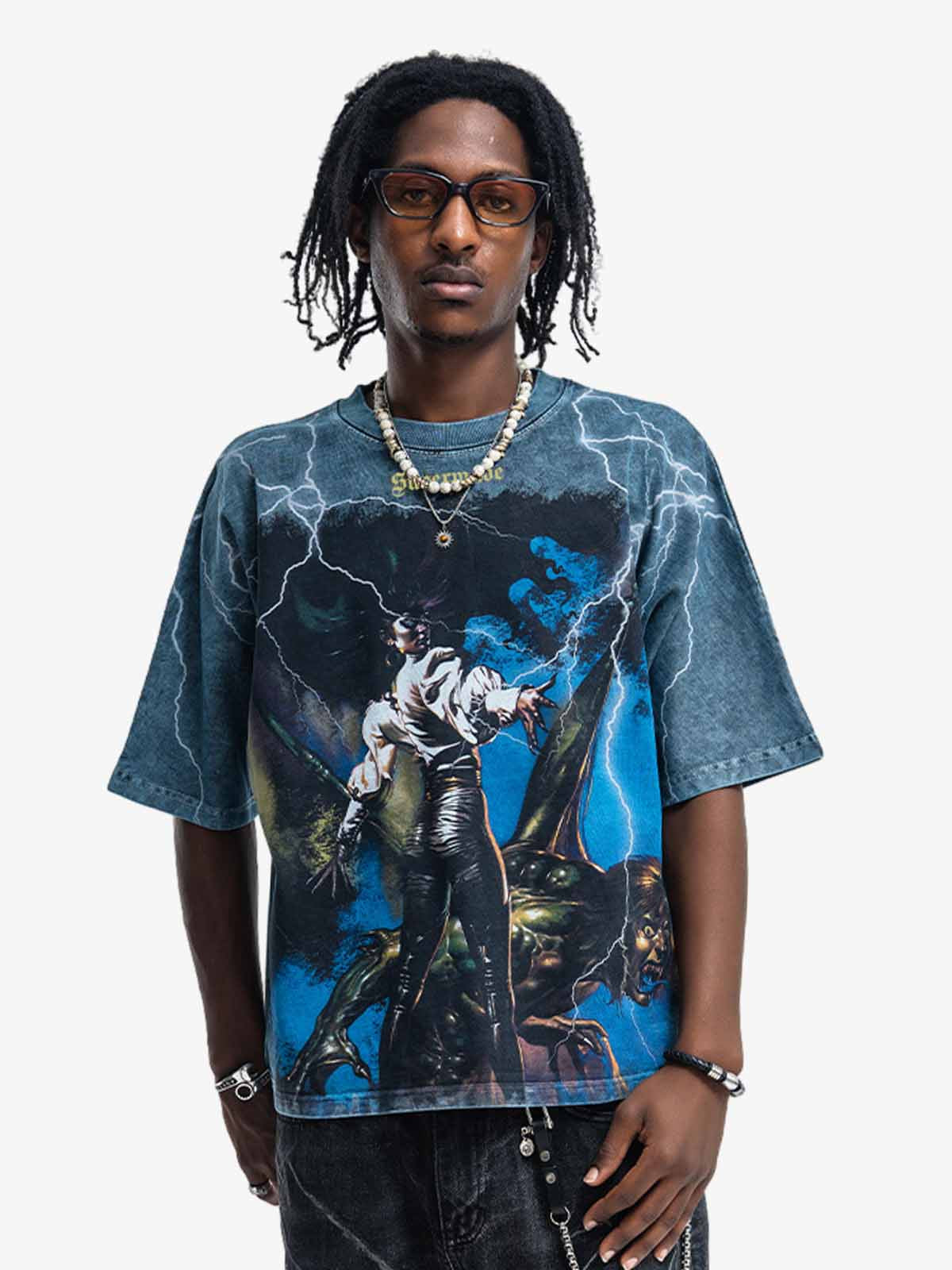 300G Jade Pattern Dyed Cotton T-Shirt with Lightning Graphic Print Oversized Streetwear Tee 