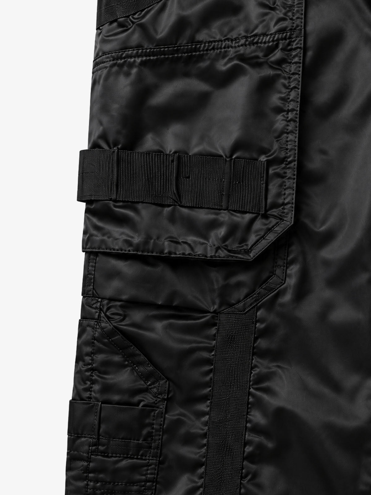 Multi-Pocket Zip Strap Glossy Nylon Moto Pants
