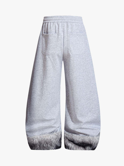 Faux Fur Spliced Hem Wide-Leg Sweatpants 
