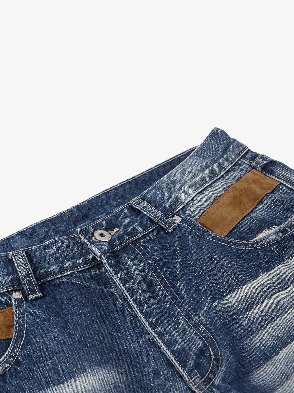 Street-style Distressed Washed Patchwork Suede Jeans