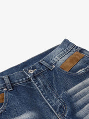 Street-style Distressed Washed Patchwork Suede Jeans