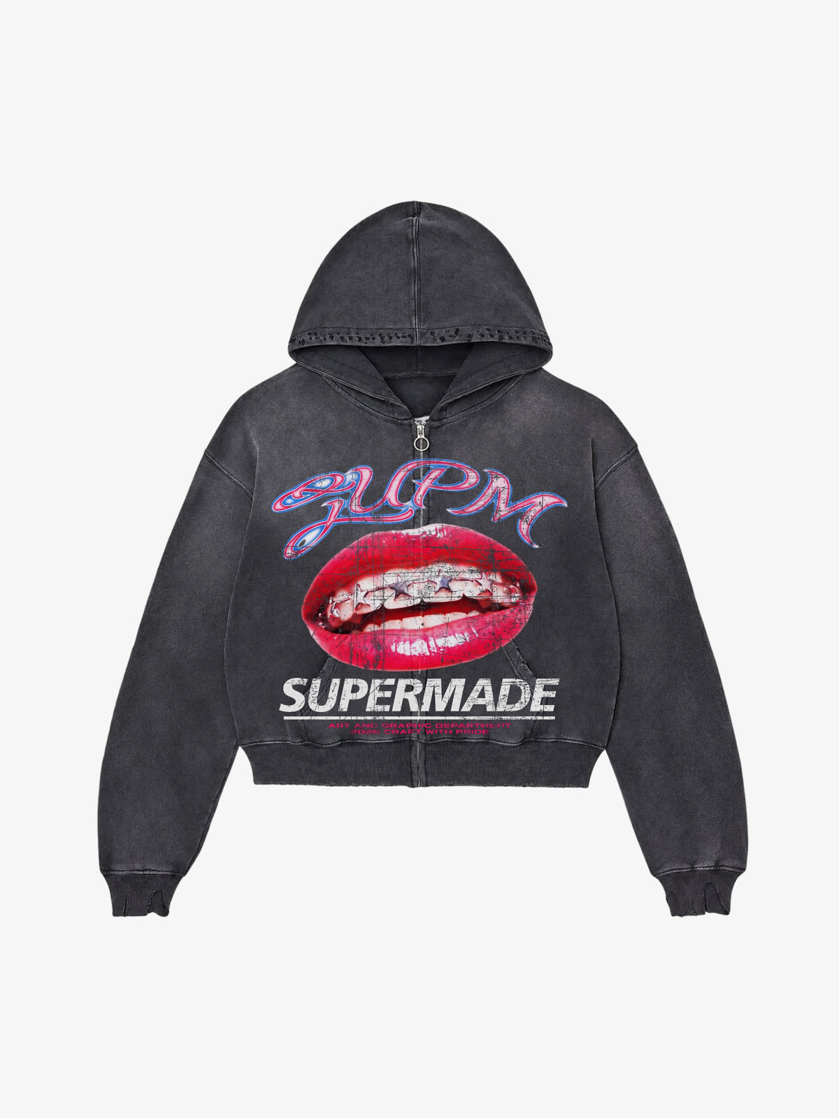 Cracked-Lip Graphic Distressed Zip Hoodie