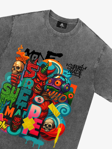 Trendy Multicolor Graffiti Skull Graphic T-Shirt 