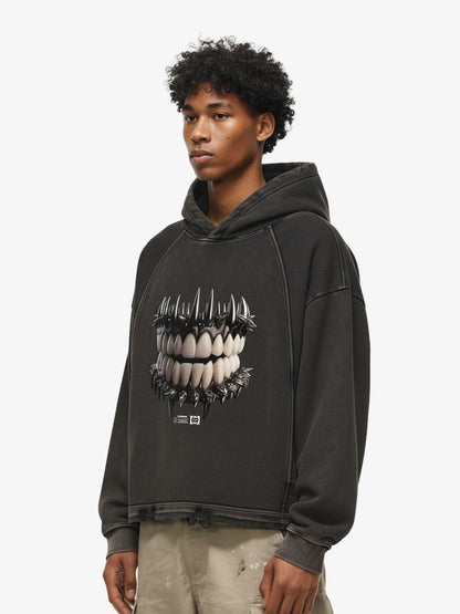 Thesupermade American Retro Dark Teeth Print Distressed Cropped Hoodie 