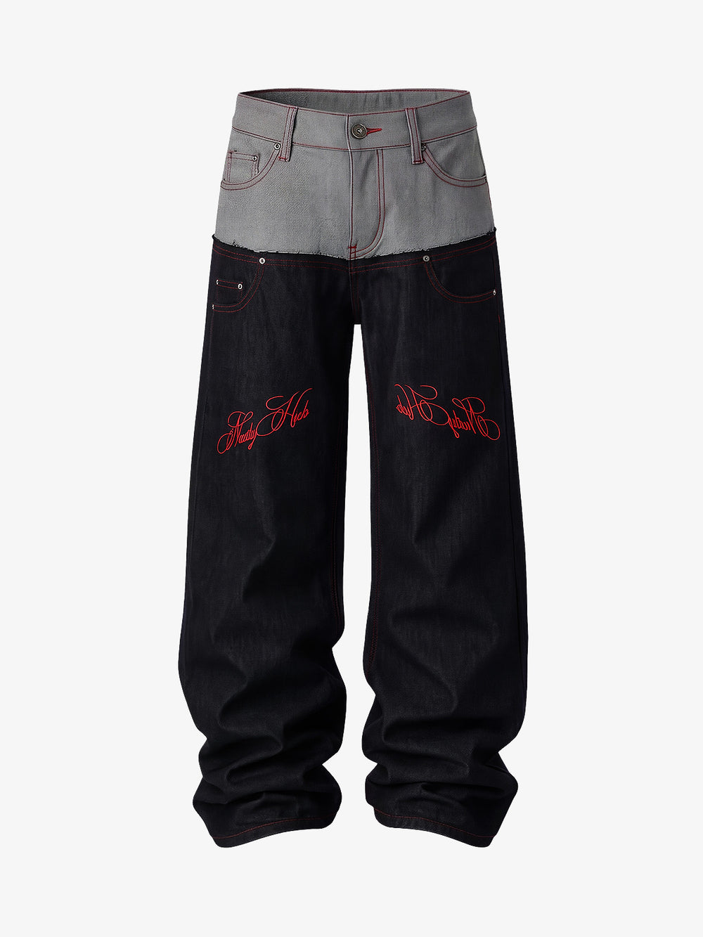 Faux-Layered Embroidered Color Block Jeans