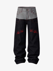 Faux-Layered Embroidered Color Block Jeans