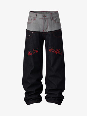 Faux-Layered Embroidered Color Block Jeans