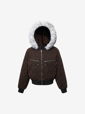 Retro Faux Fur Trimmed Hood Leopard Print Bomber Jacket 