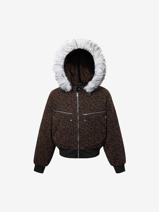 Retro Faux Fur Trimmed Hood Leopard Print Bomber Jacket 